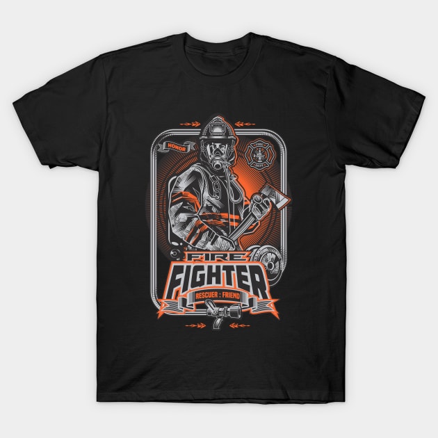 Rescuer and Friend- Firefighter Wearing Protective Gear Holding Axe T-Shirt by Vector-Artist